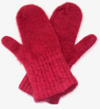 A pair of bright red knit mittens with a soft, fuzzy texture, displayed against a plain white background.