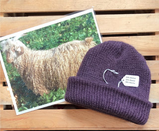 A knitted beanie in a muted plum-purple color lies on a wooden slatted surface next to a printed photo of a goat. The beanie has a small white tag attached.