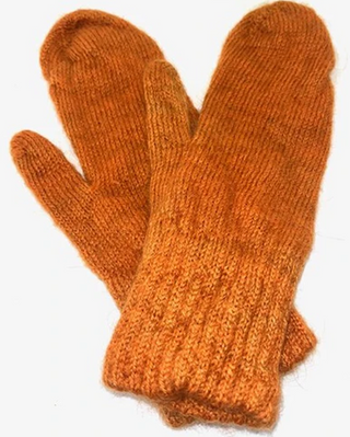 A pair of knit orange mittens with ribbed cuffs, displayed against a plain white background.