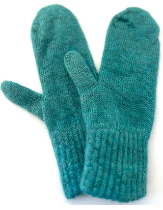 A pair of turquoise knit mittens with ribbed cuffs, displayed against a plain white background.