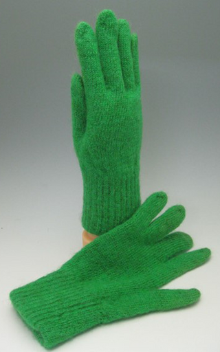 A pair of bright green knit gloves, with one glove worn on a hand and the other laid flat, against a neutral gray background.