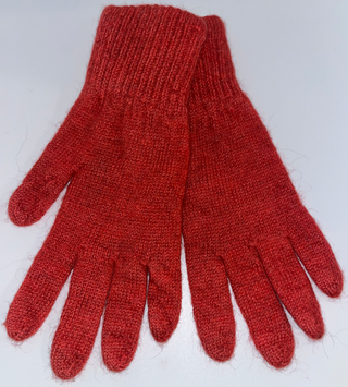 A pair of red knit touchscreen-compatible gloves with ribbed cuffs, laid flat on a light gray background.