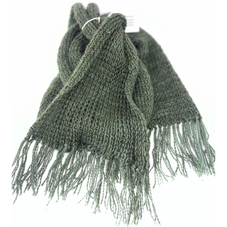An olive green knitted scarf with fringed edges, folded and tied with a small white paper tag, shown against a plain white background.